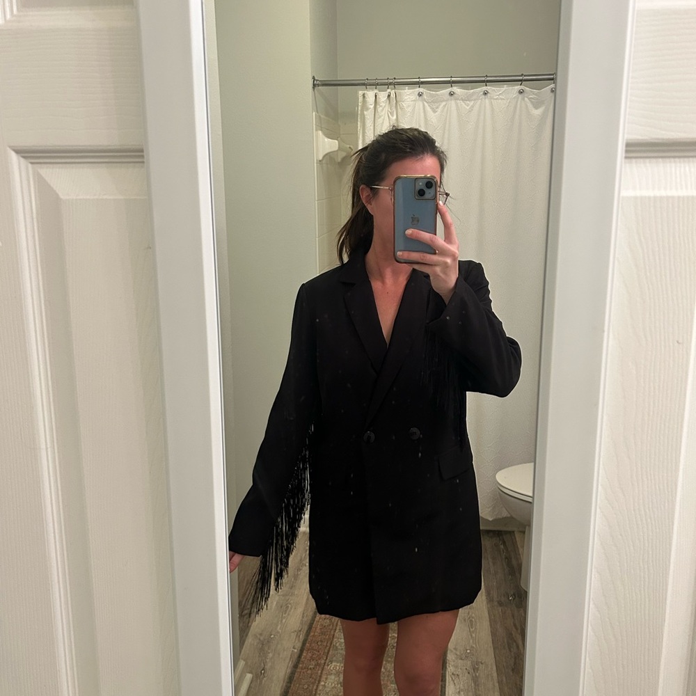 Black Double-Breasted Blazer with Fringe